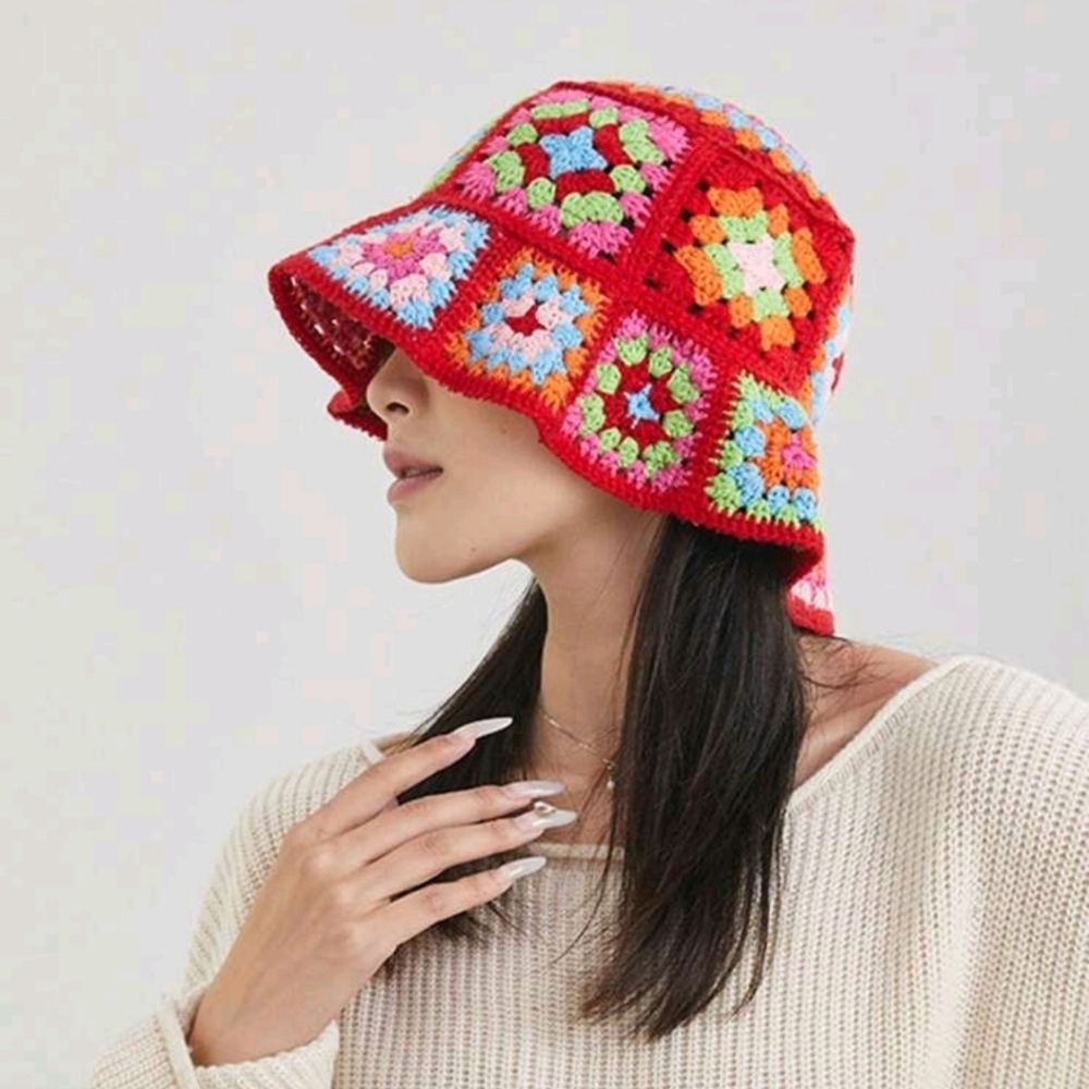 Red Granny Square Crochet Bucket Hat
